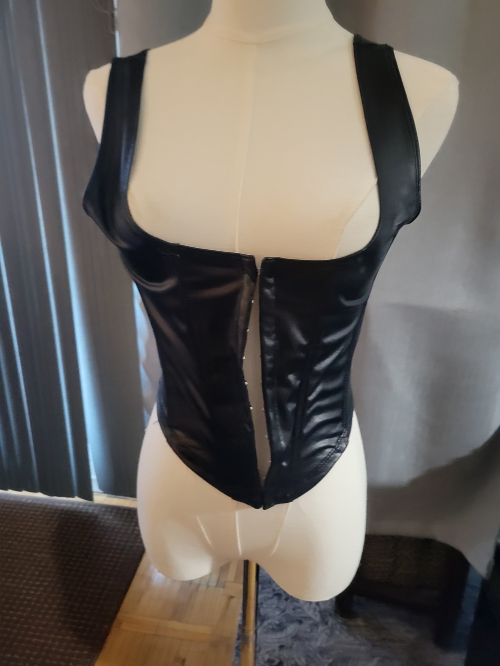 Black Faux Leather Corset Crop Top with Front Hook Closure